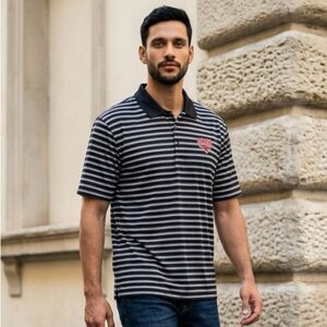 EUC Adidas Gold Men’s Striped Navy Polo Shirt SMU Embroidery on Front - Size 2XL